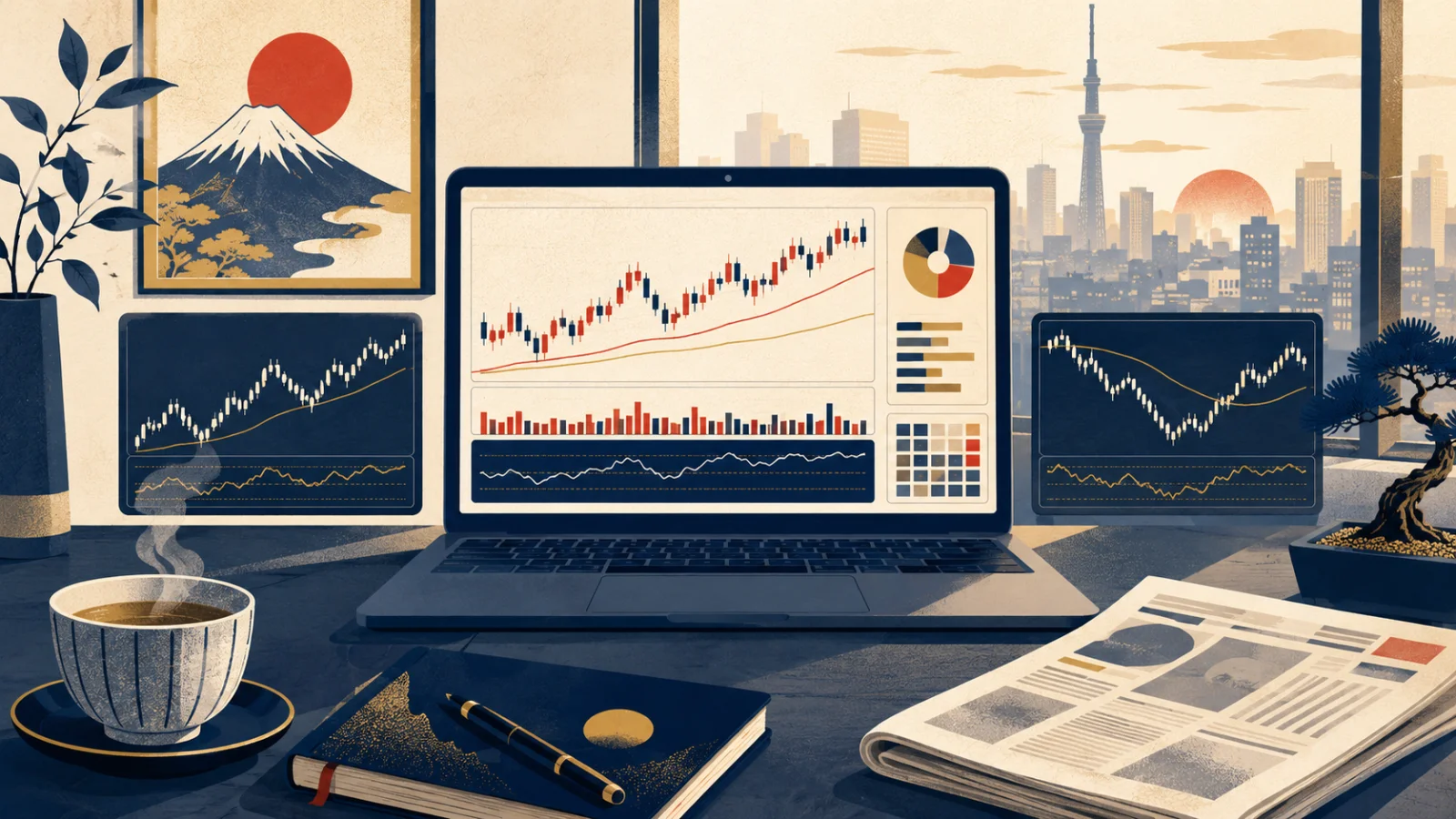 Editorial illustration of a Tokyo desk setup with a TradingView chart of a Japanese dividend stock open on a laptop, with the Nikkei and USD/JPY visible