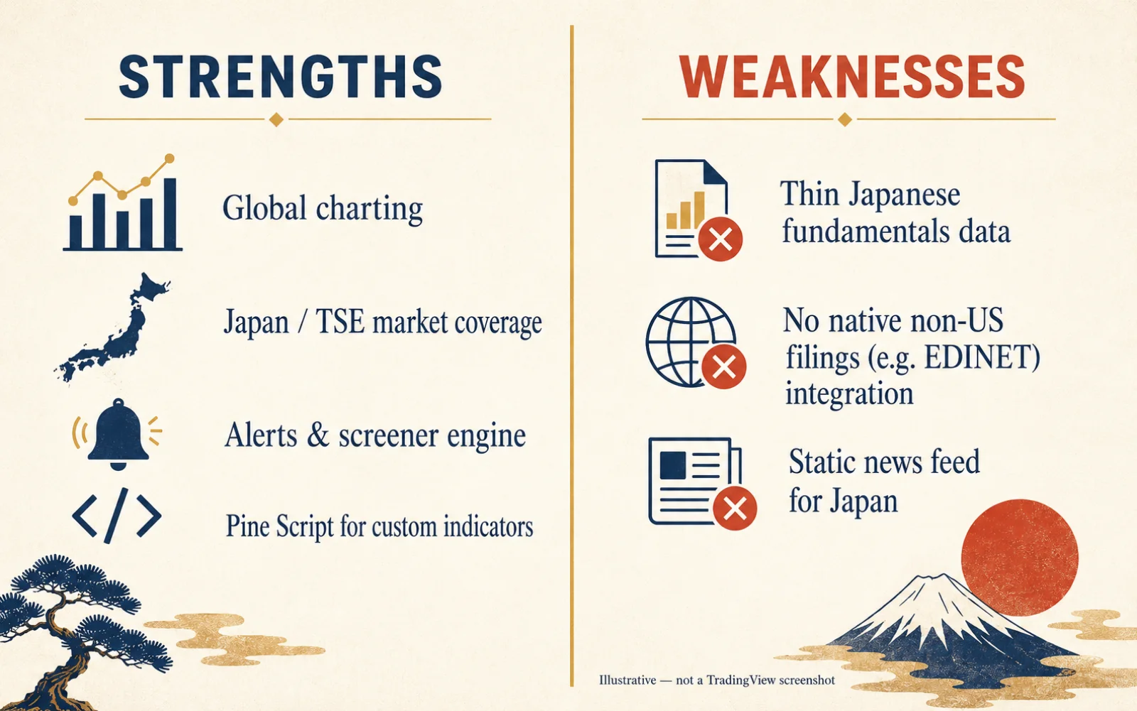 Illustrative editorial graphic — actual TradingView UI may vary. Split infographic with TradingView strengths in navy (global charts, Japan markets coverage, alerts engine, Pine Script) on the left, and weaknesses in vermilion (thin Japanese fundamentals, no native non-US filings, static news feed) on the right.