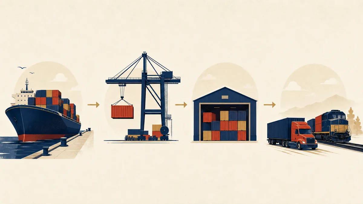 Infographic showing the port logistics chain: cargo ship to crane to warehouse to truck and train