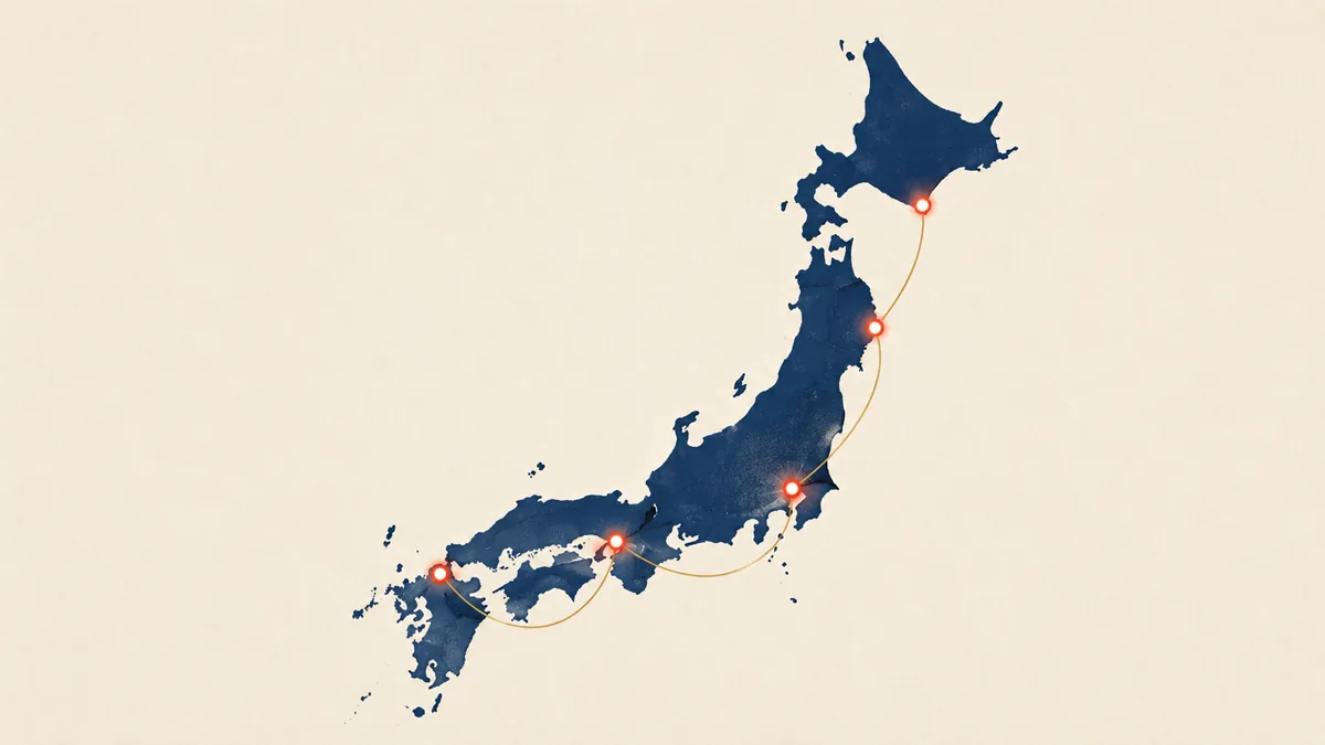 Stylized map of Japan marking Kamigumi's footprint across the six major ports
