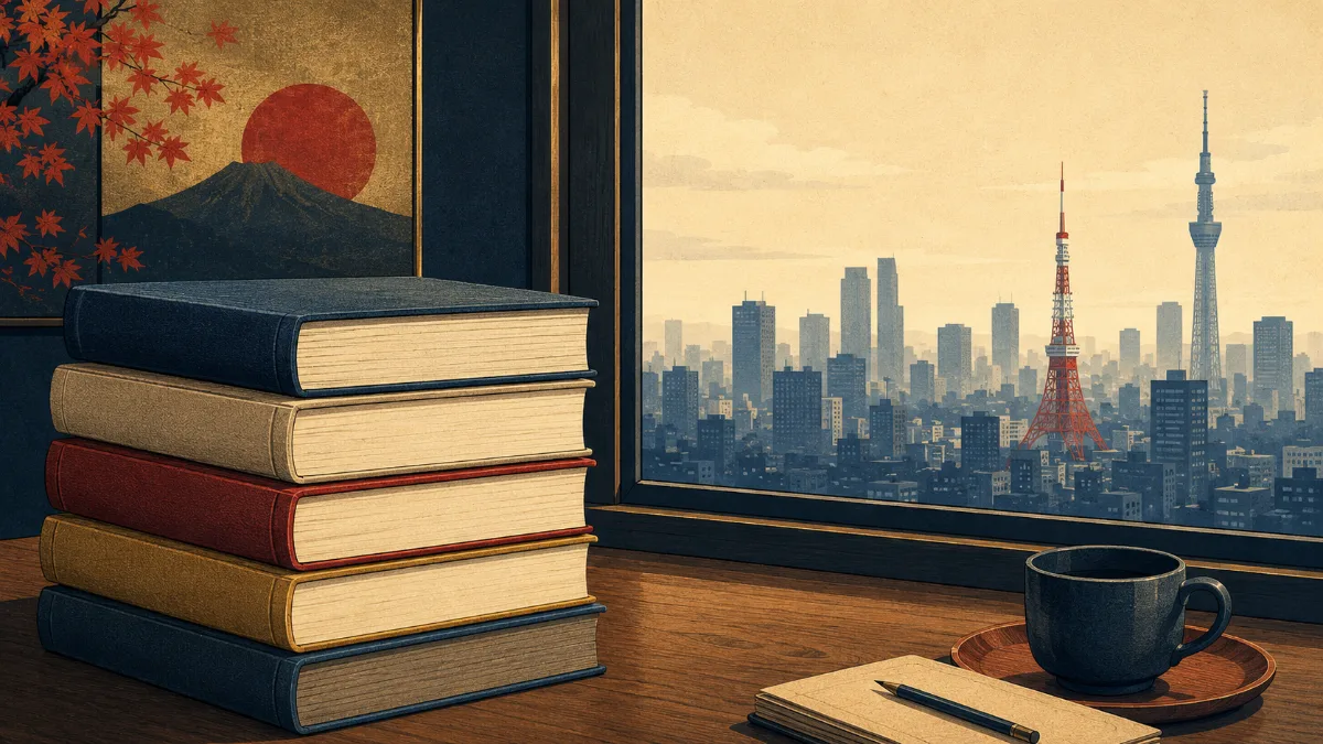 A stack of five classic value-investing books on a wooden desk, with a Tokyo skyline through the window beyond