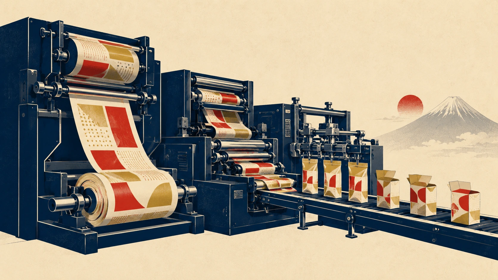 Brightly printed flexible food and beverage packaging on a production line, representing packaging inks